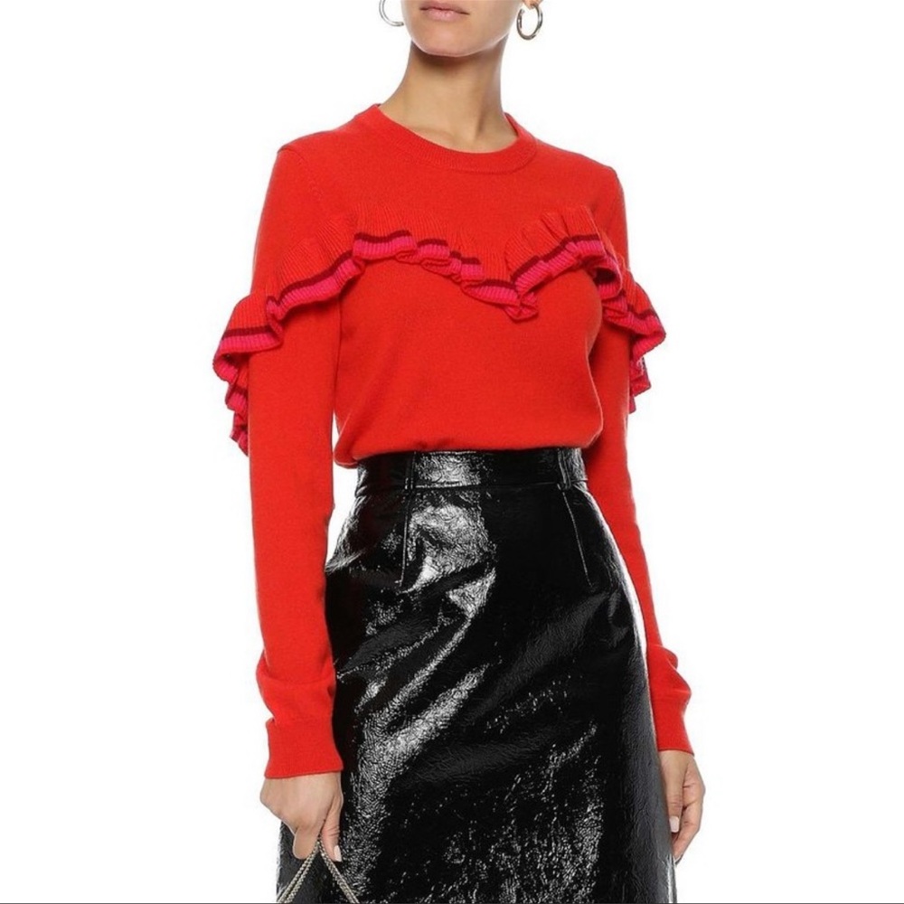 Maje Marinella Red Ruffle Cashmere Sweater Top sz 1